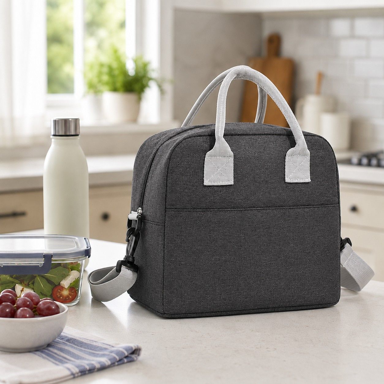 Insulated Lunch Tote Bag with Front Pocket and Adjustable Shoulder Strap
