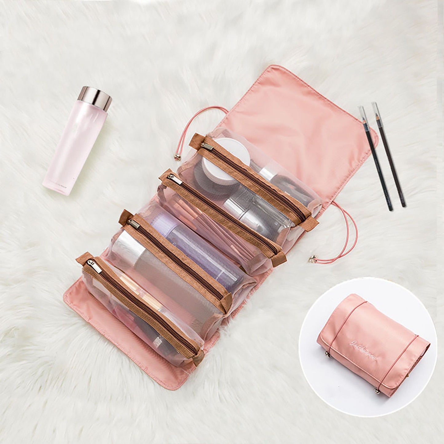 Hanging Travel Toiletry Bag with Clear Zipper Compartments and Roll-Up Organizer Design