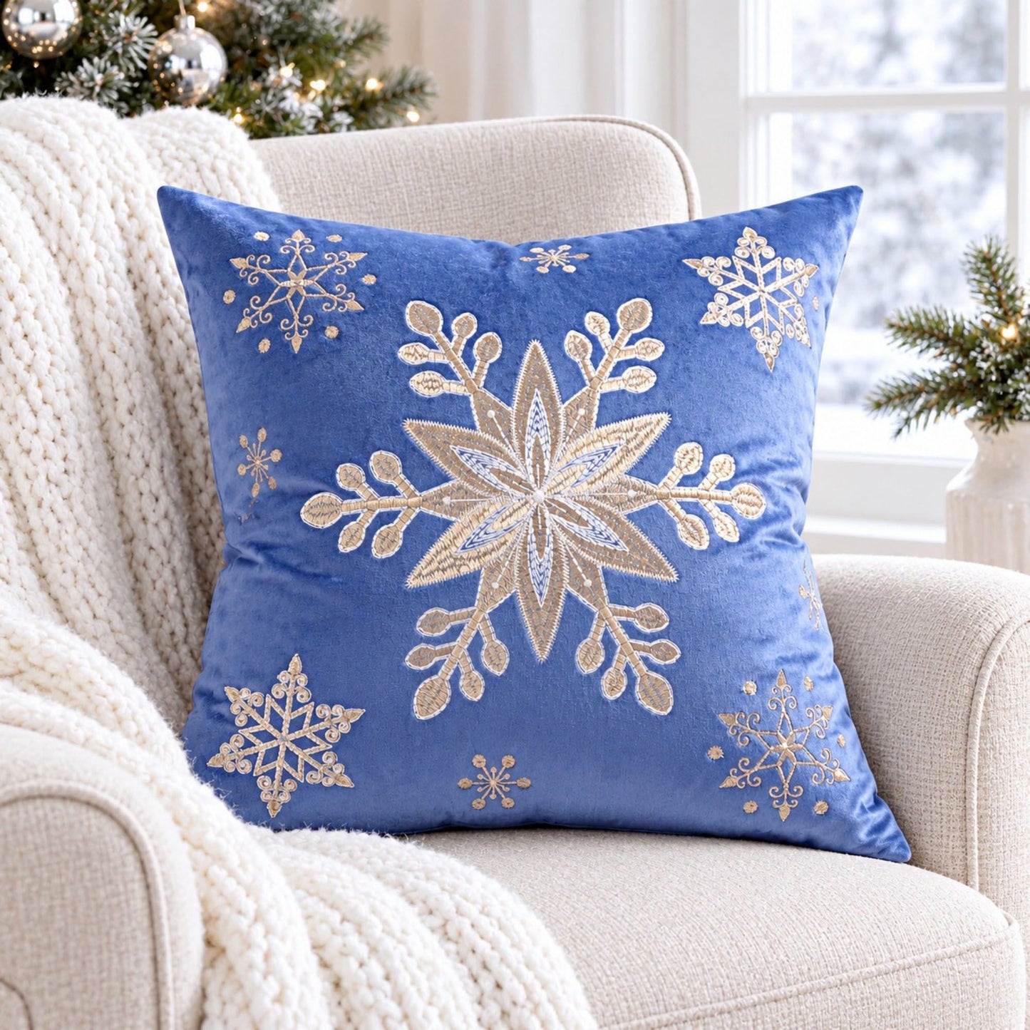 Snowflake Embroidered Decorative Throw Pillow Cover (Single Piece)