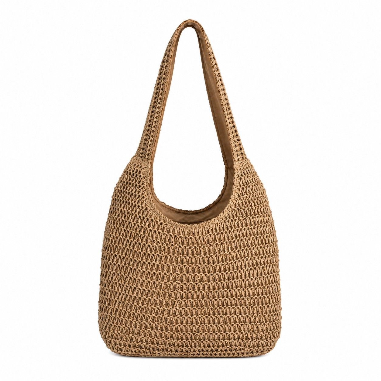 Woven Straw Tote Bag Large Capacity Zip Top Shoulder Carryall with Interior Pocket