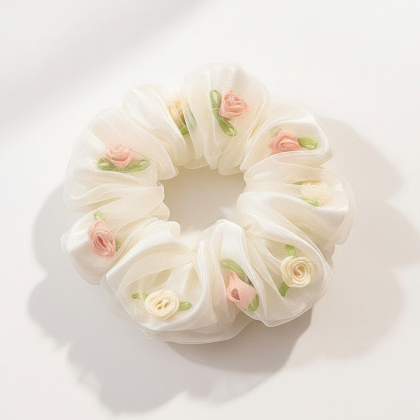 2pcs Sheer Organza Scrunchie with Embroidered Mini Roses and Soft Layered Design
