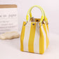 Small Striped Knit Bucket Bag with Rope Handles and Snap Closure