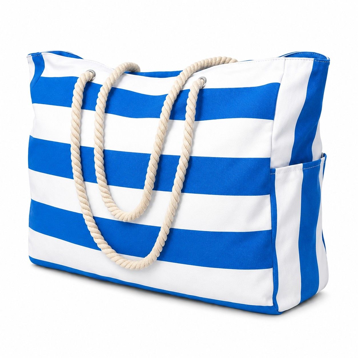 Striped Beach Tote Bag with Zip Closure Rope Handles and Side Pockets