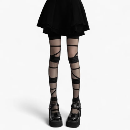 Sheer Tights with Wrapped Ribbon Illusion and Gothic Layered Design