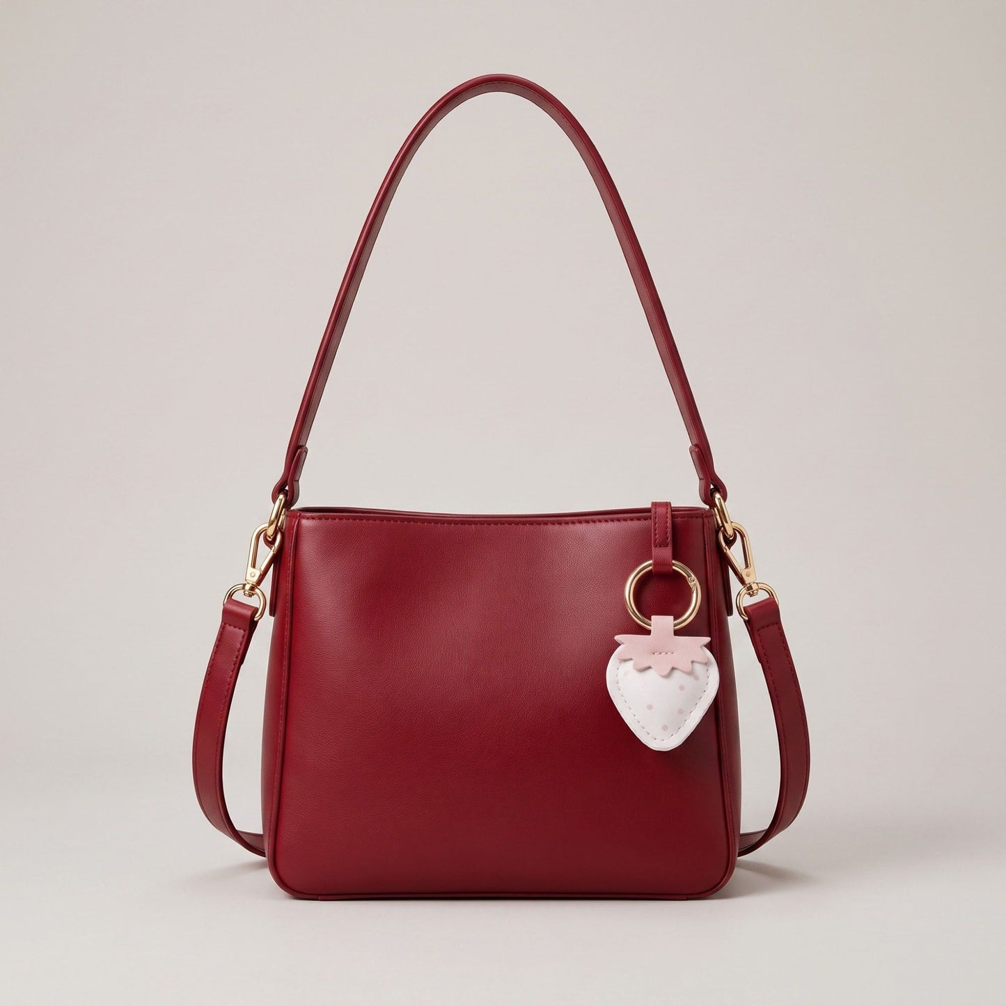 Strawberry Bag Charm with Pink Polka Dots and Gold Tone Ring Clip