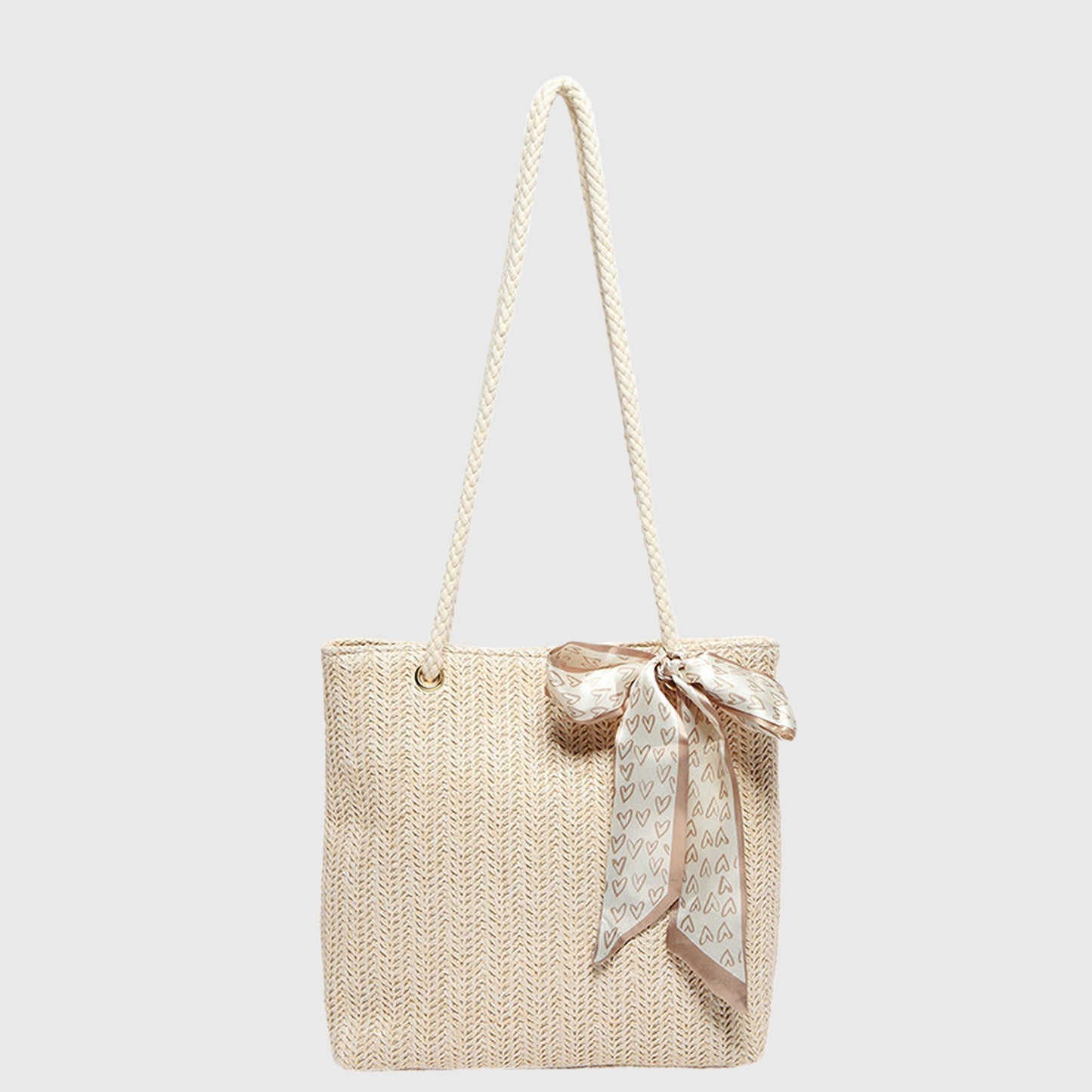 Straw Woven Tote Bag with Bow Accent - Lightweight Summer Shoulder Bag