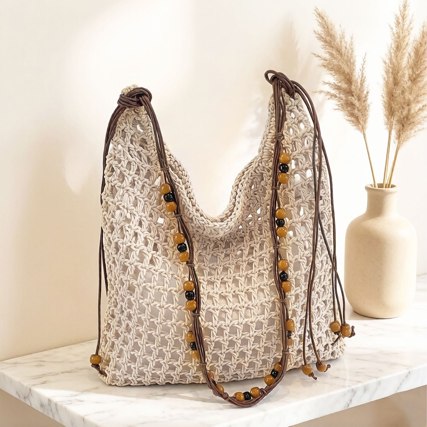 Crochet Shoulder Bag with Beaded Strap Tassel Drawstring Detail Lightweight Knit Hobo Handbag