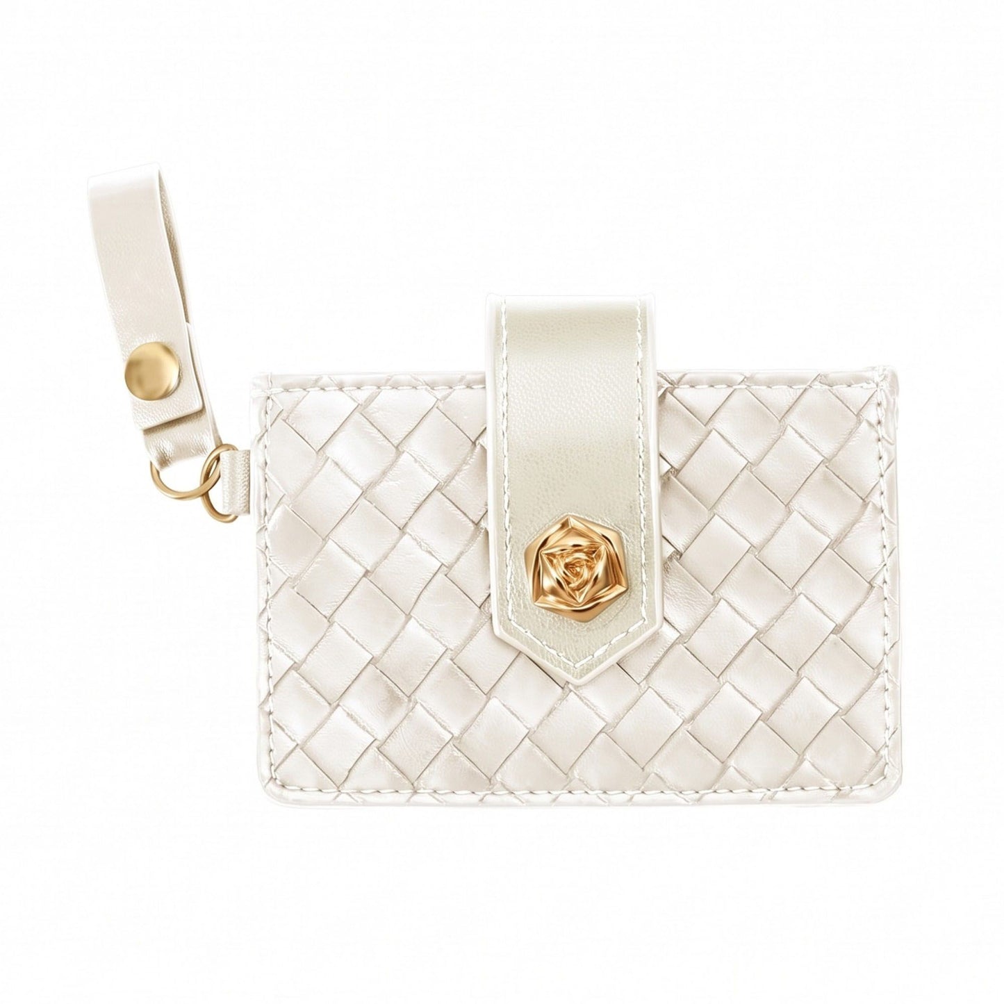 Woven Card Holder Wallet with Rose Accent and Loop Strap
