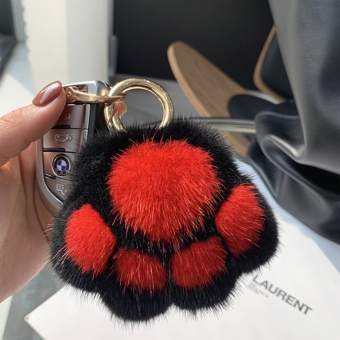 2-PC Plush Paw Print Faux Fur Keychain with Metal Clip