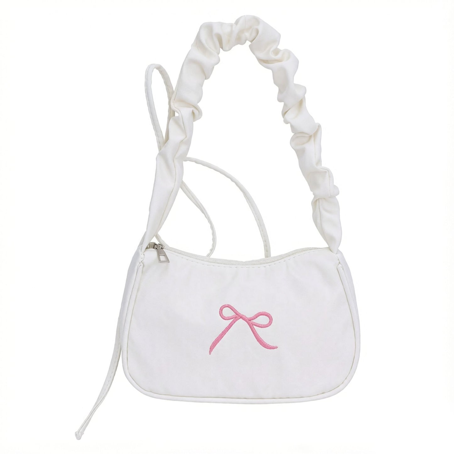 Small Bow Embroidered Shoulder Bag with Ruched Strap and Zip Closure