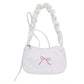 Small Bow Embroidered Shoulder Bag with Ruched Strap and Zip Closure