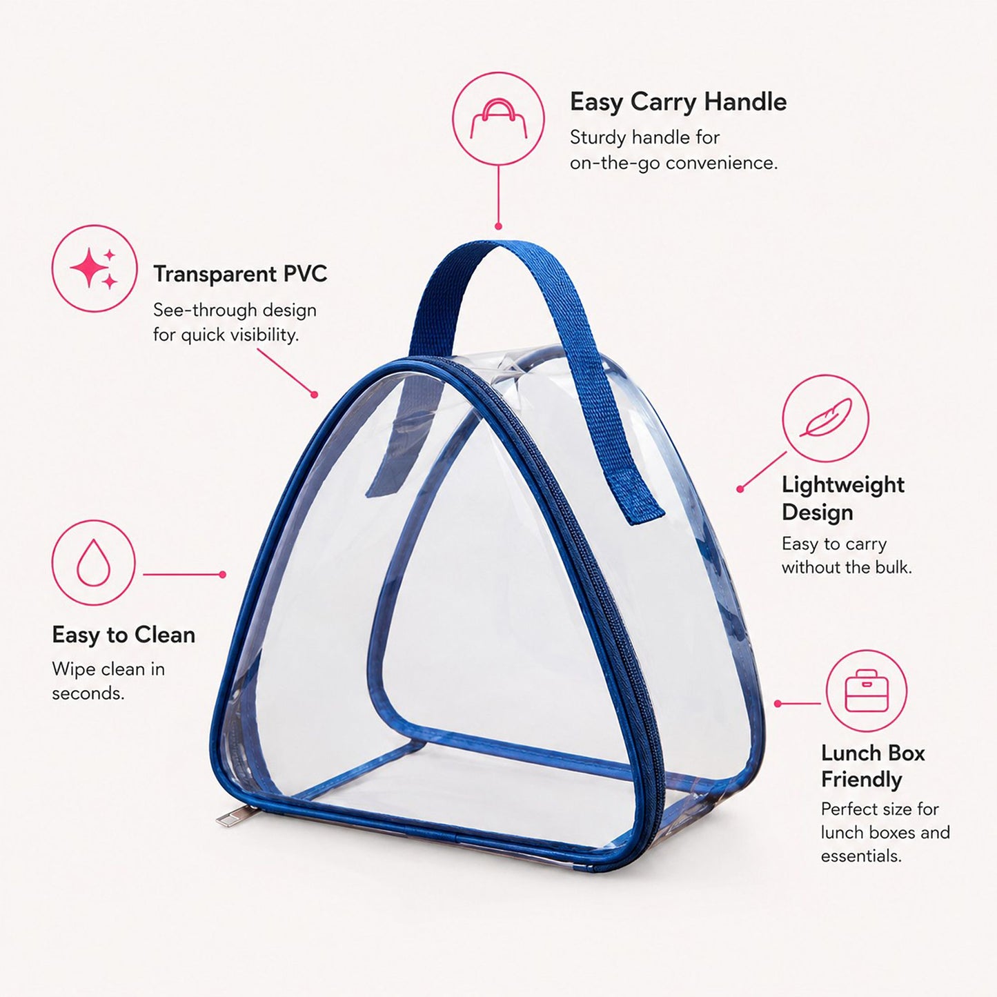 Clear Triangular Lunch Bag with Zipper Closure and Top Handle
