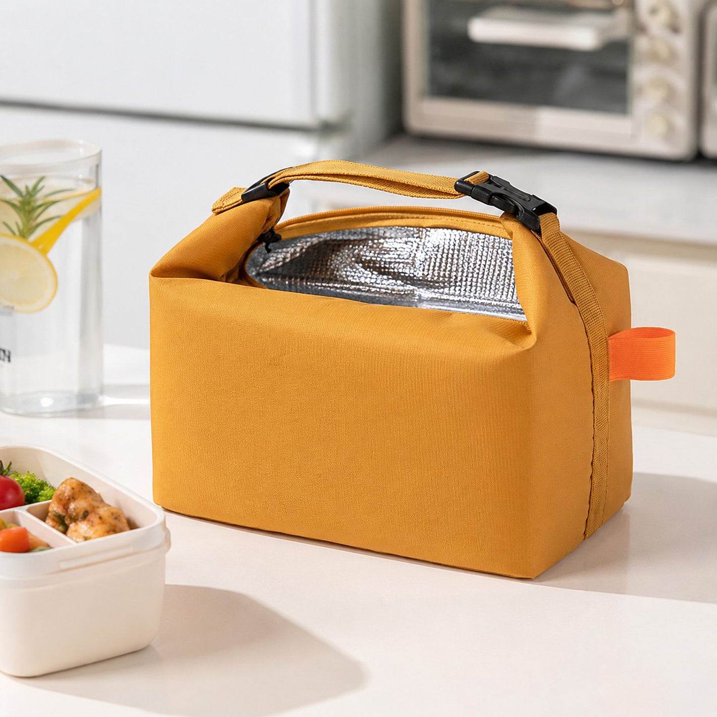 Insulated Roll Top Lunch Bag with Buckle Handle and Leak-Resistant Lining