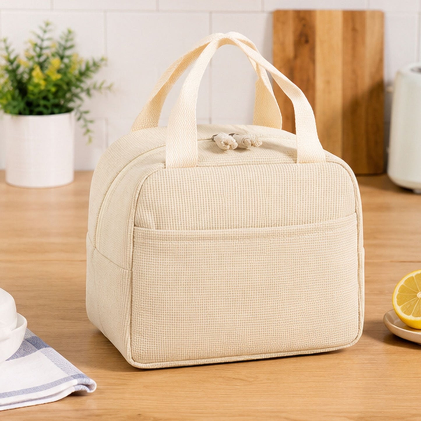Insulated Corduroy Lunch Bag with Front Pocket