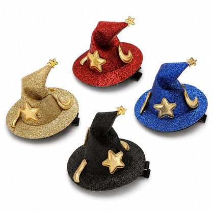 4pc Glitter Witch Hat Pet Hair Clips with Star and Moon Accents