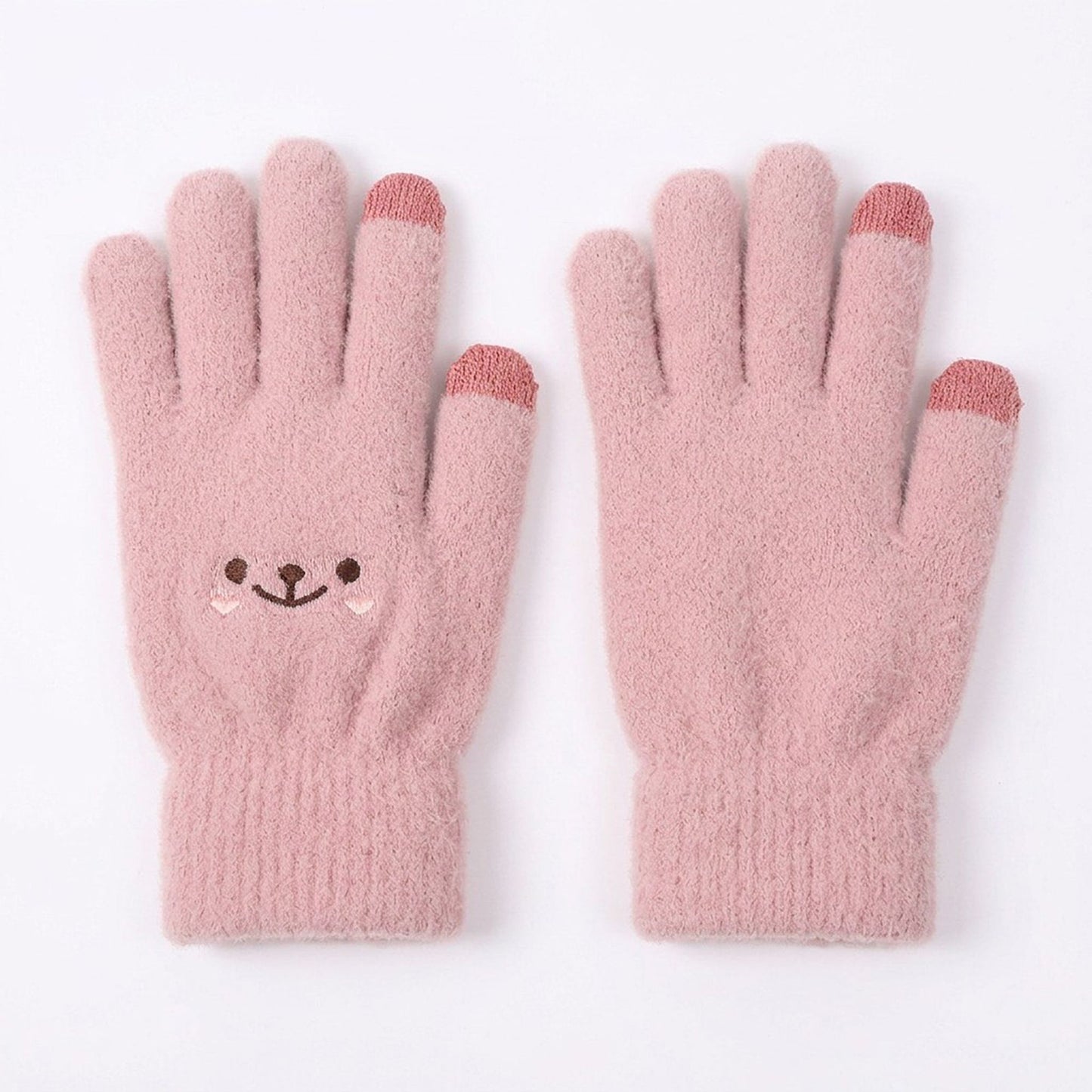 Fuzzy Knit Touchscreen Gloves with Embroidered Smiley Face