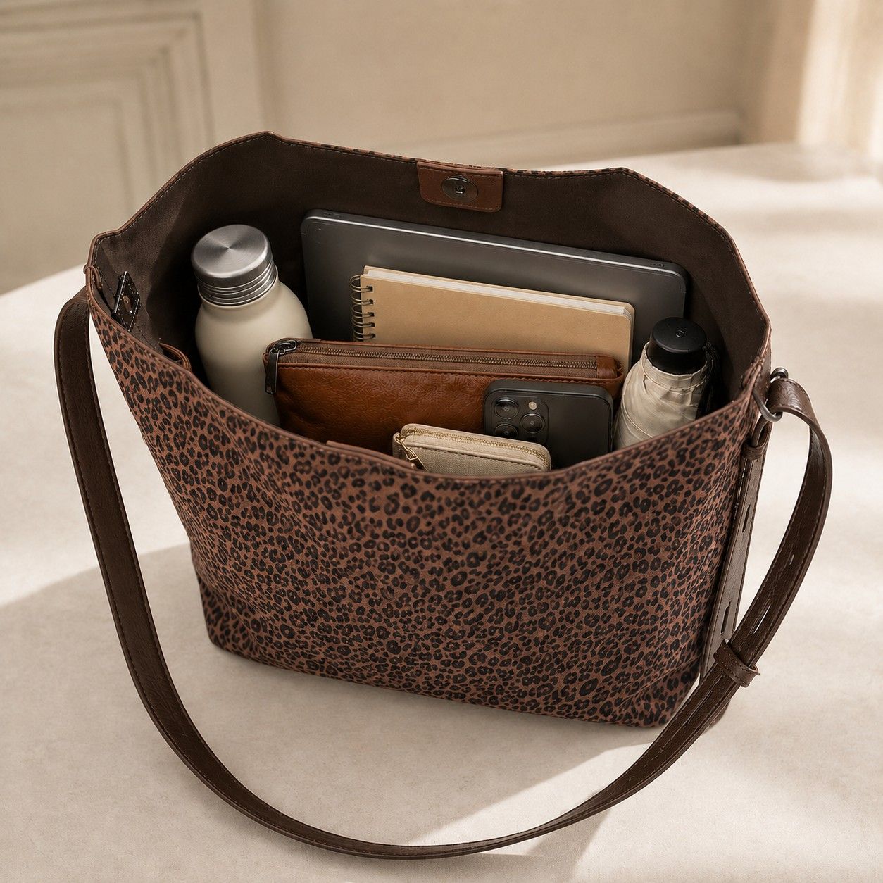 Faux Suede Shoulder Tote Bag with Removable Zip Pouch Adjustable Strap and Magnetic Closure