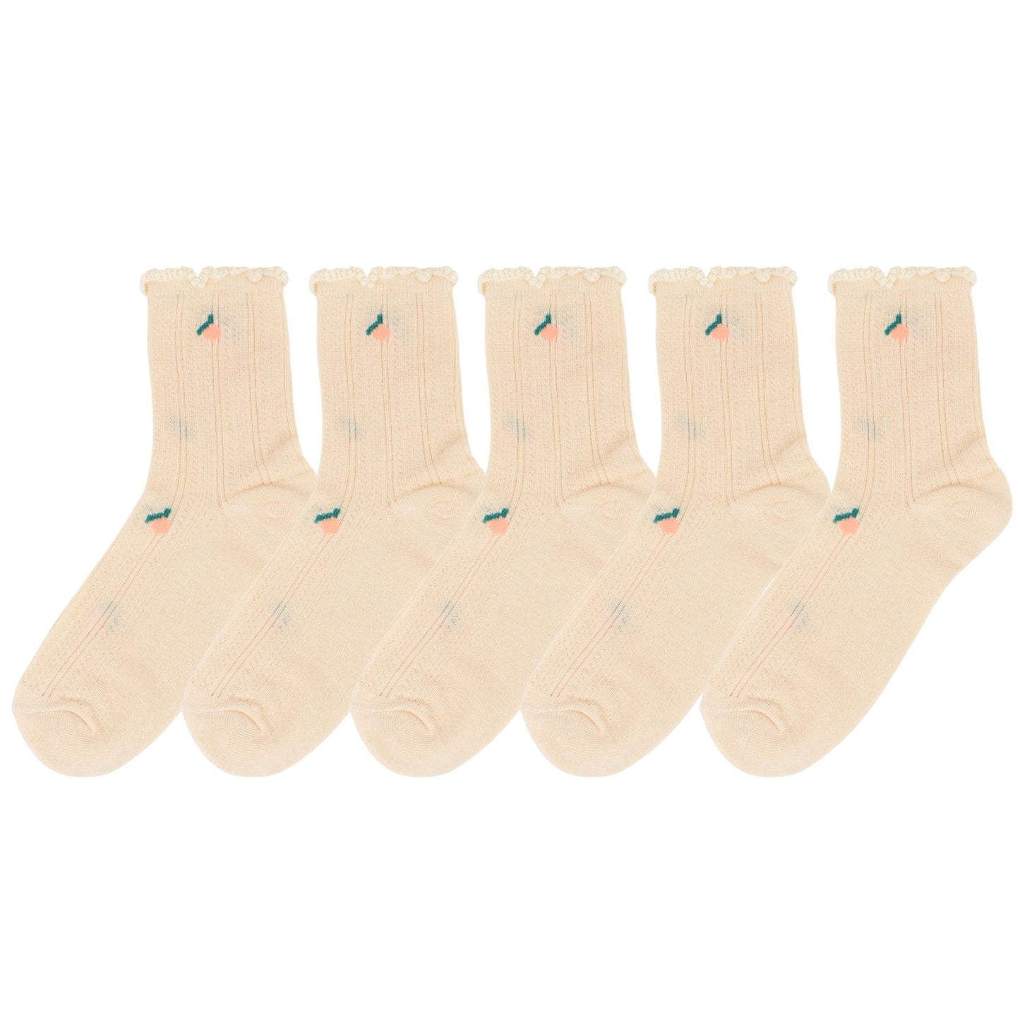 5-Pair Set Ruffle Ankle Socks with Floral Embroidery and Breathable Knit Design for Flats or Mary Janes