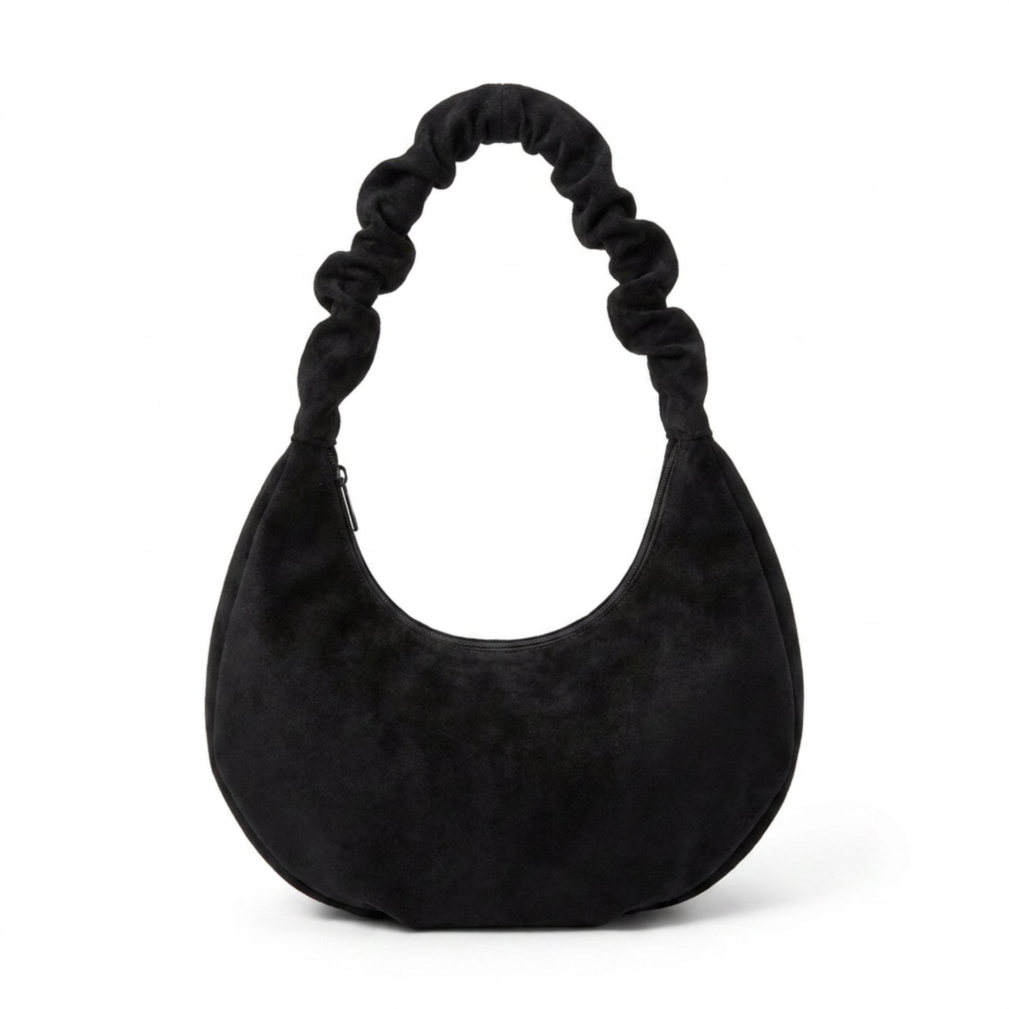 Faux Suede Hobo Shoulder Bag Ruched Strap Zipper Closure Everyday Purse