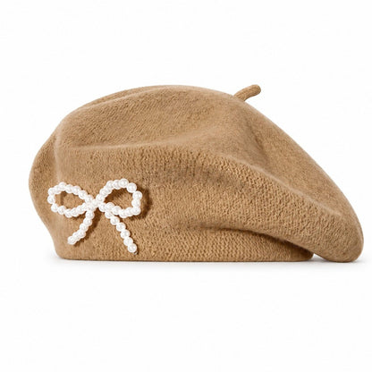 Pearl Bow Embellished Knit Wool Beret