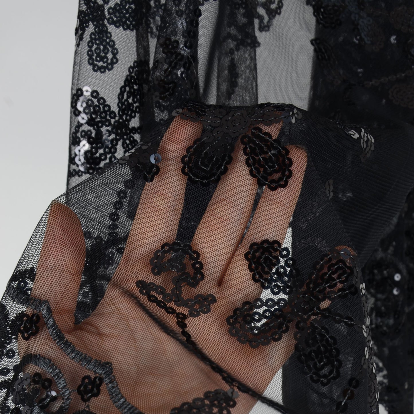 Embroidered Sequin Mesh Shawl Wrap Sheer Floral Scarf Scalloped Edge