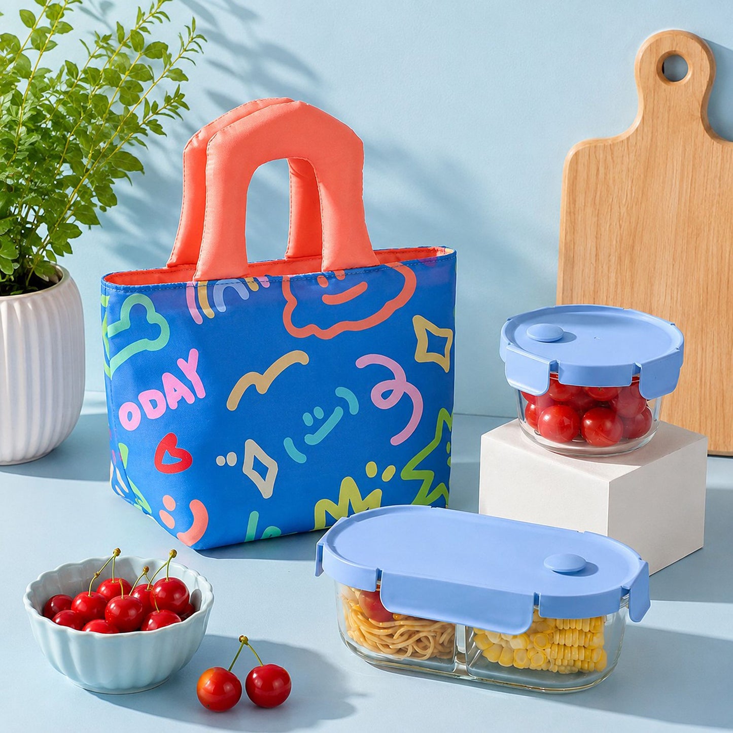 Printed Lunch Tote Bag with Padded Handles and Zipper Closure