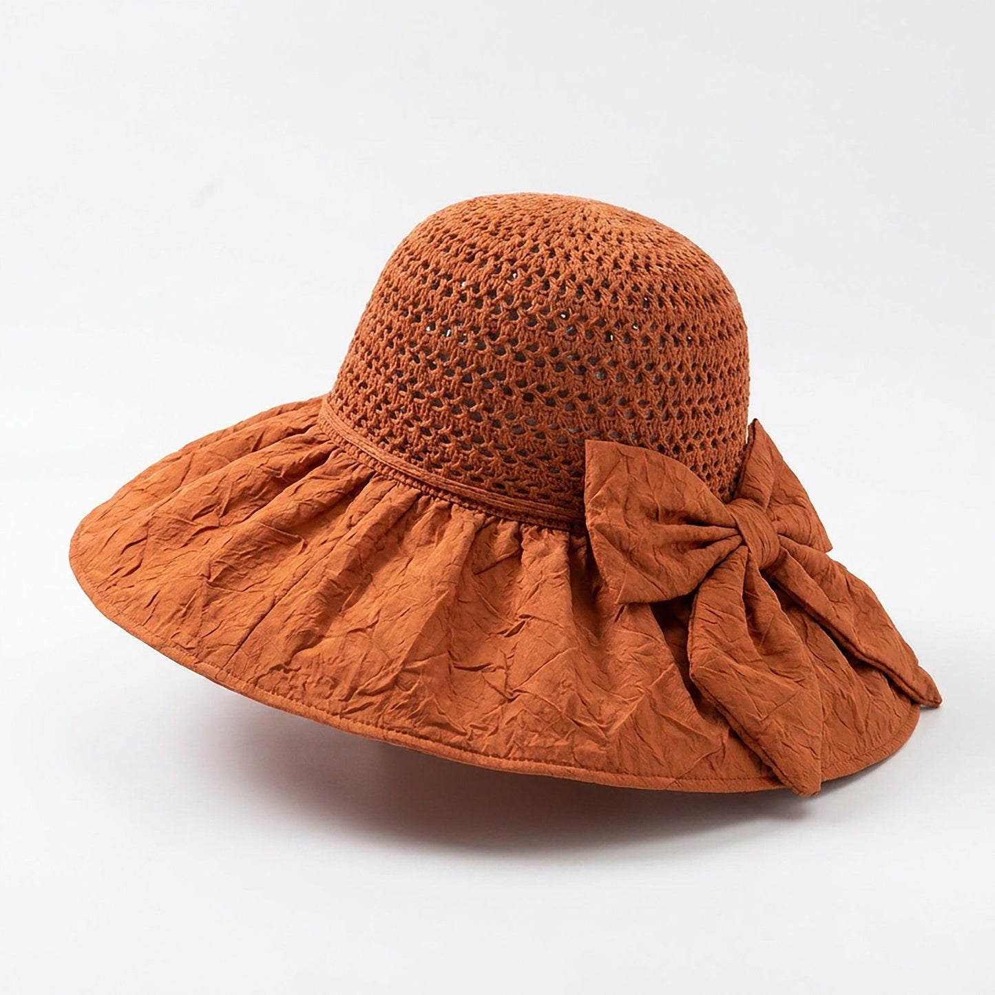 Wide Brim Crochet Sun Hat with Bow Accent and Textured Fabric Brim
