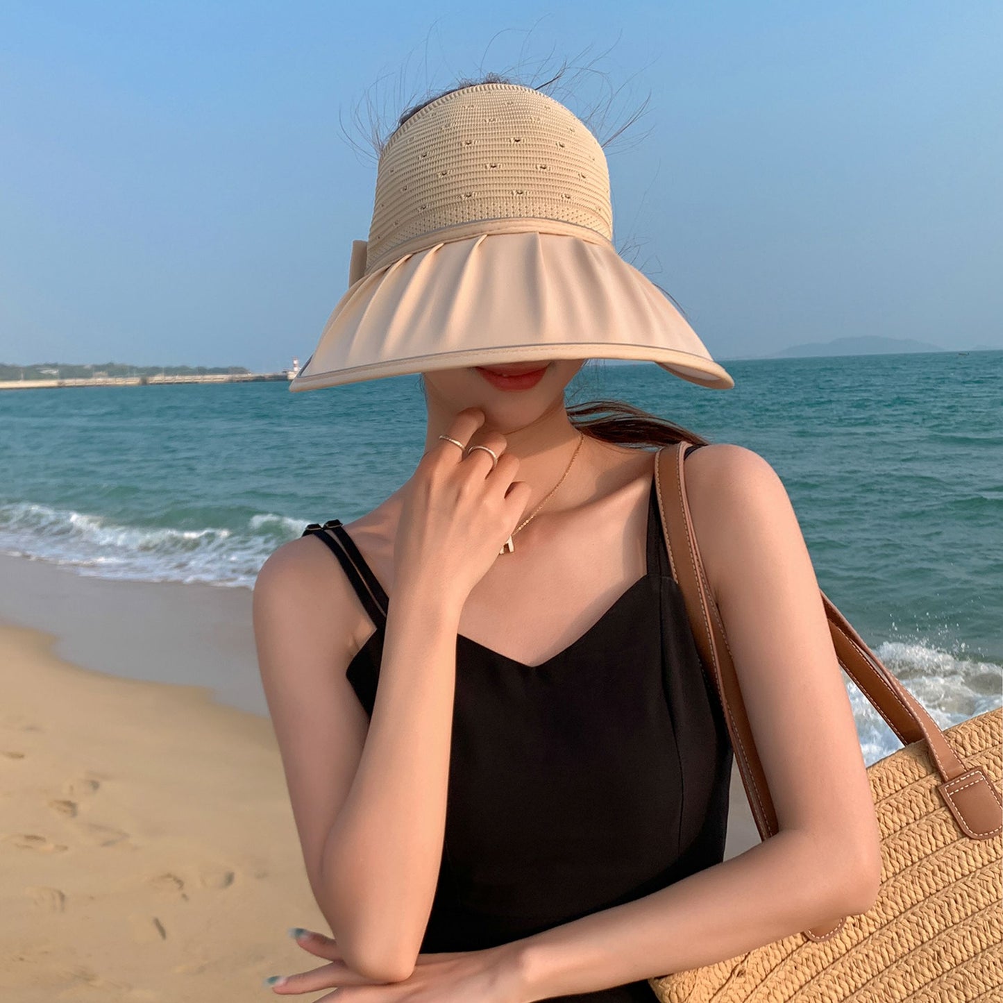 Extra Wide Brim Sun Visor Hat for Women Adjustable UV Protection Bow Detail Breathable Summer Beach Hat