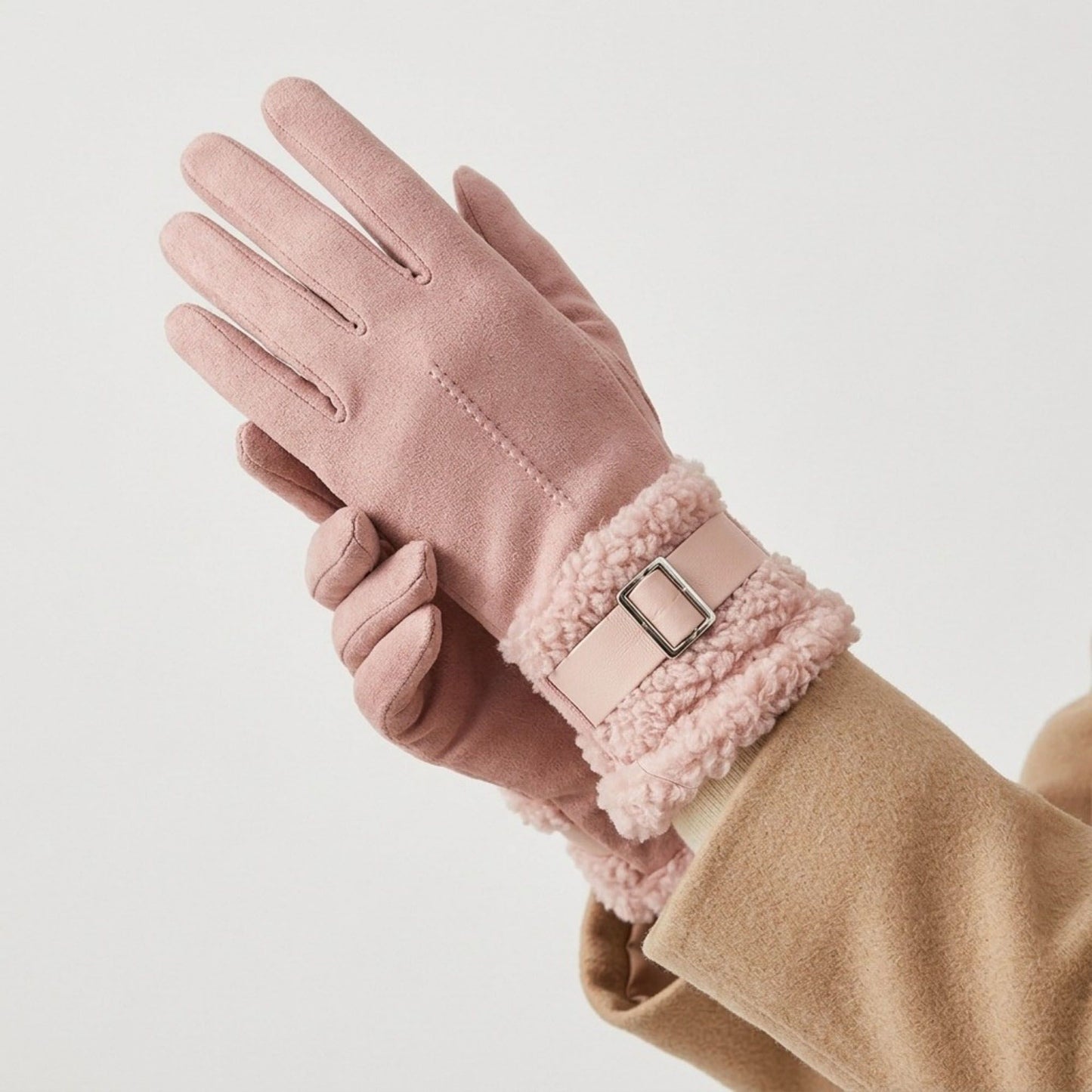 Faux Suede Gloves with Plush Faux Fur Cuffs and Buckle Detail