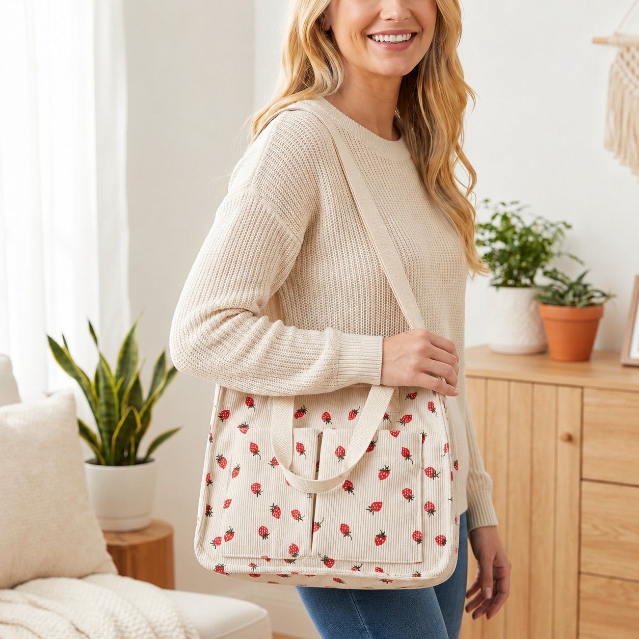 Canvas Strawberry Print Tote Bag with Shoulder Strap and Side Pockets