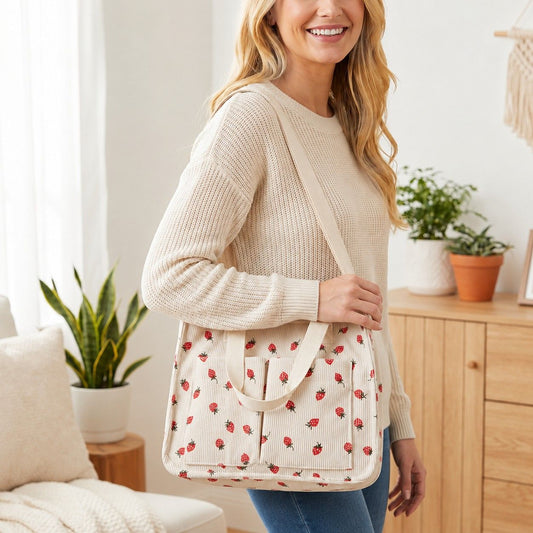Canvas Strawberry Print Tote Bag with Shoulder Strap and Side Pockets