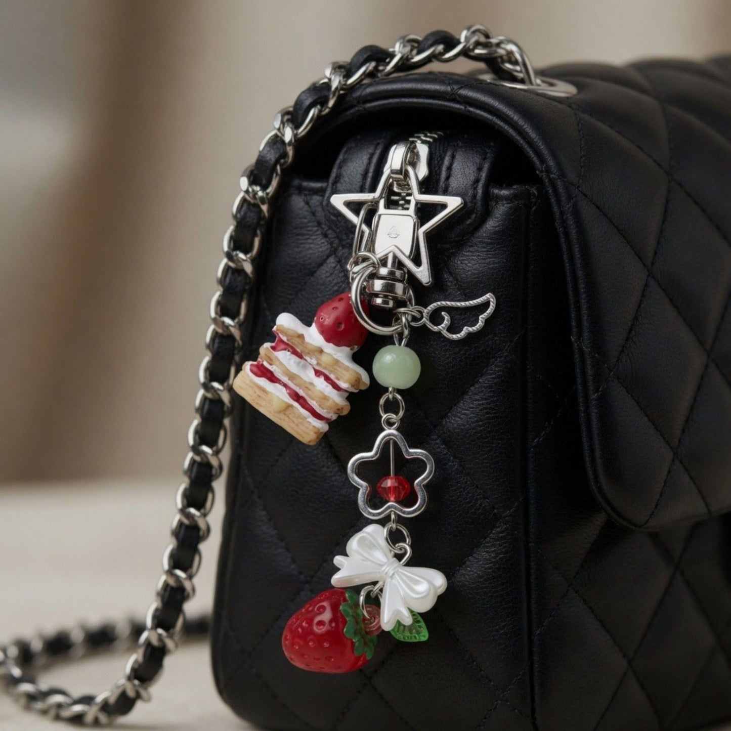 Dessert Charm Keychain with Strawberry Pendant Cake Detail Star Clip Bag Charm Key Ring Accessory