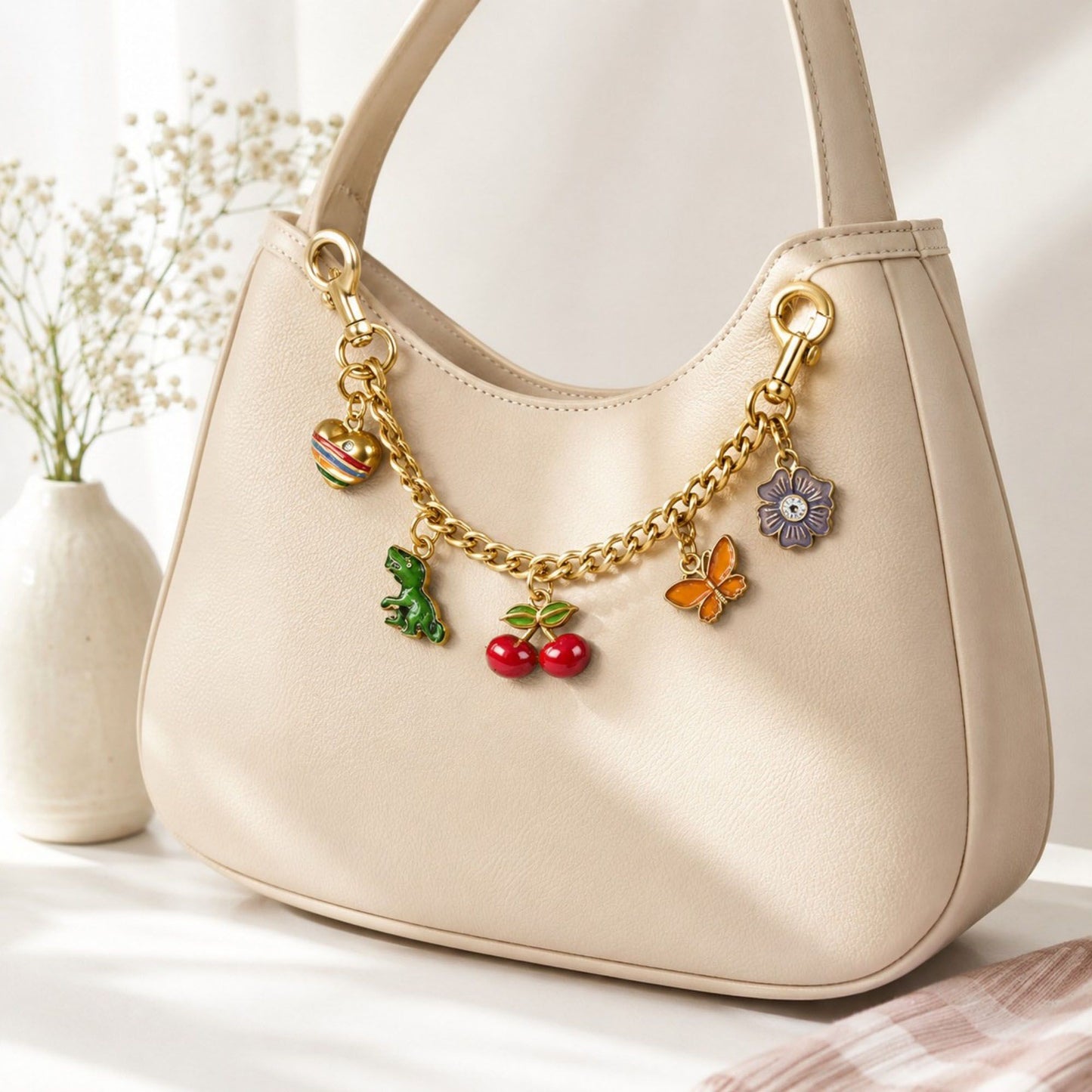 Gold Tone Charm Chain Bag Accessory with Cherry Dinosaur Heart Flower and Horseshoe Accents
