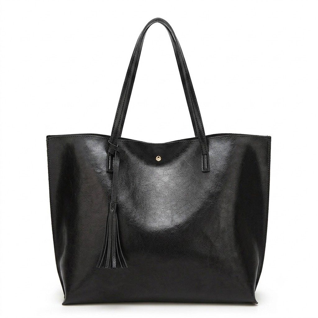 Large Faux Leather Shoulder Tote Bag with Tassel and Magnetic Snap Closure