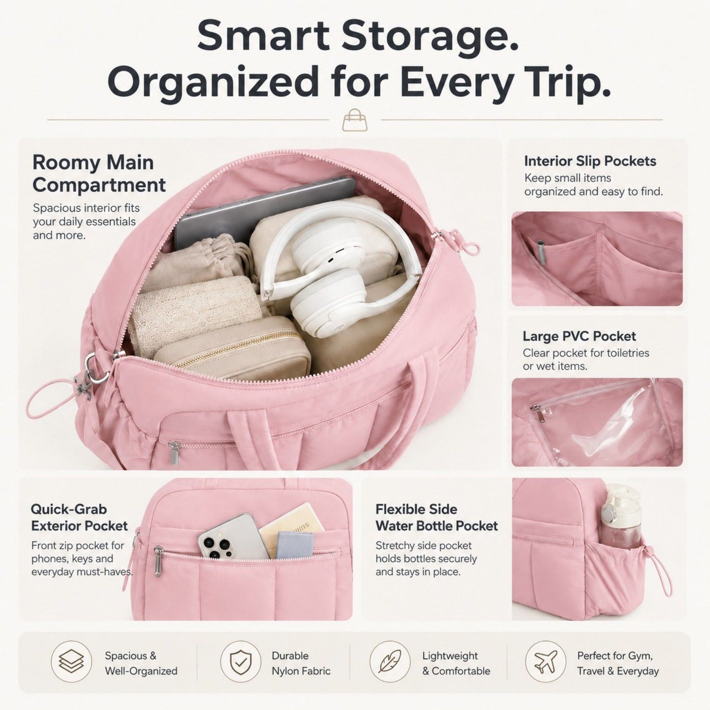 Nylon Travel Tote Gym Bag with Pockets and Shoulder Handles