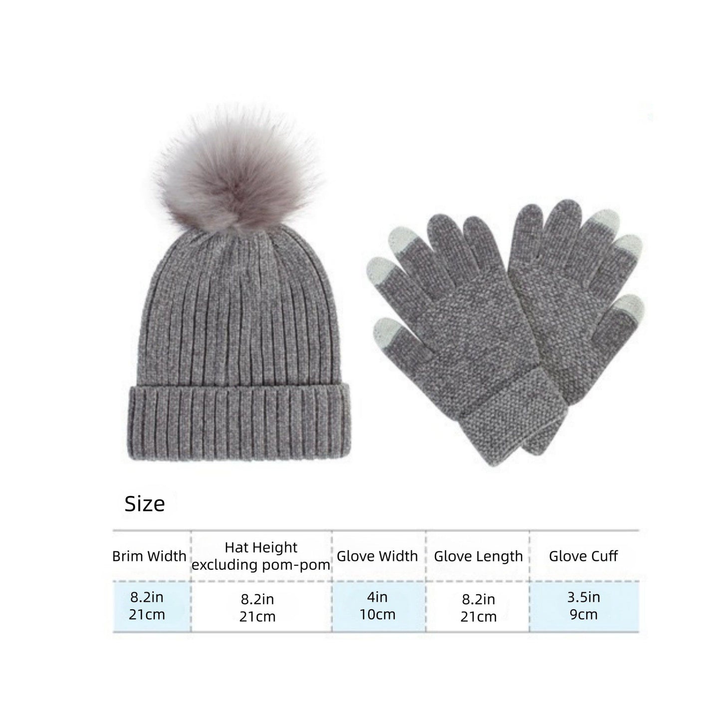 Knit Beanie and Touchscreen Gloves 2-Piece Winter Accessory Set with Ribbed Cuff Design and Fluffy Pom Pom Detail