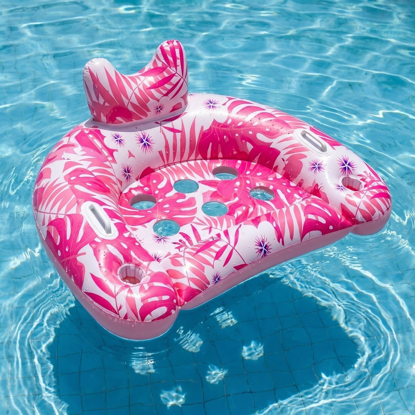 Inflatable Pool Lounger with Tropical Leaf Print and Cup Holders