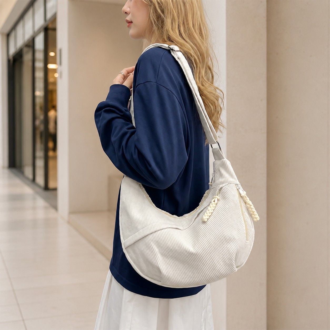 Corduroy Crescent Crossbody Bag with Adjustable Strap and Zip Pockets