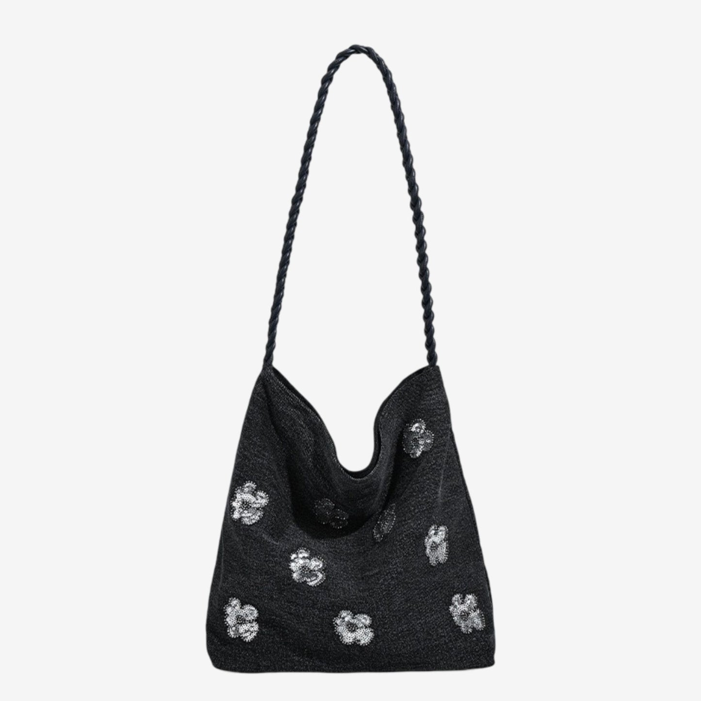 Black Sequin Embellished Braided Shoulder Bag Canvas Handbag