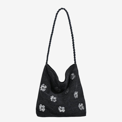 Black Sequin Embellished Braided Shoulder Bag Canvas Handbag