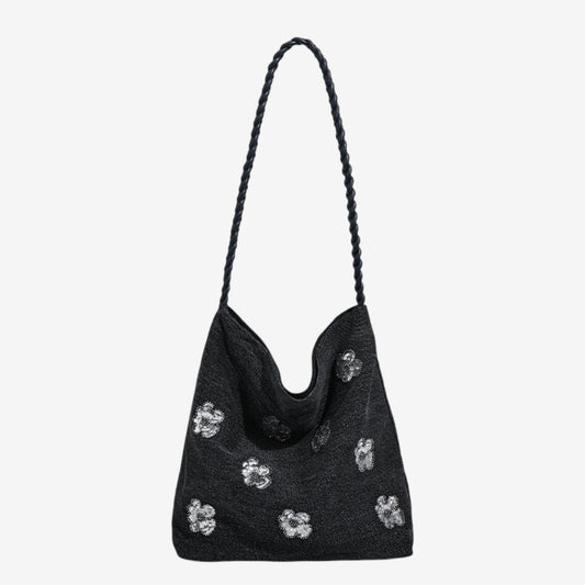 Black Sequin Embellished Braided Shoulder Bag Canvas Handbag