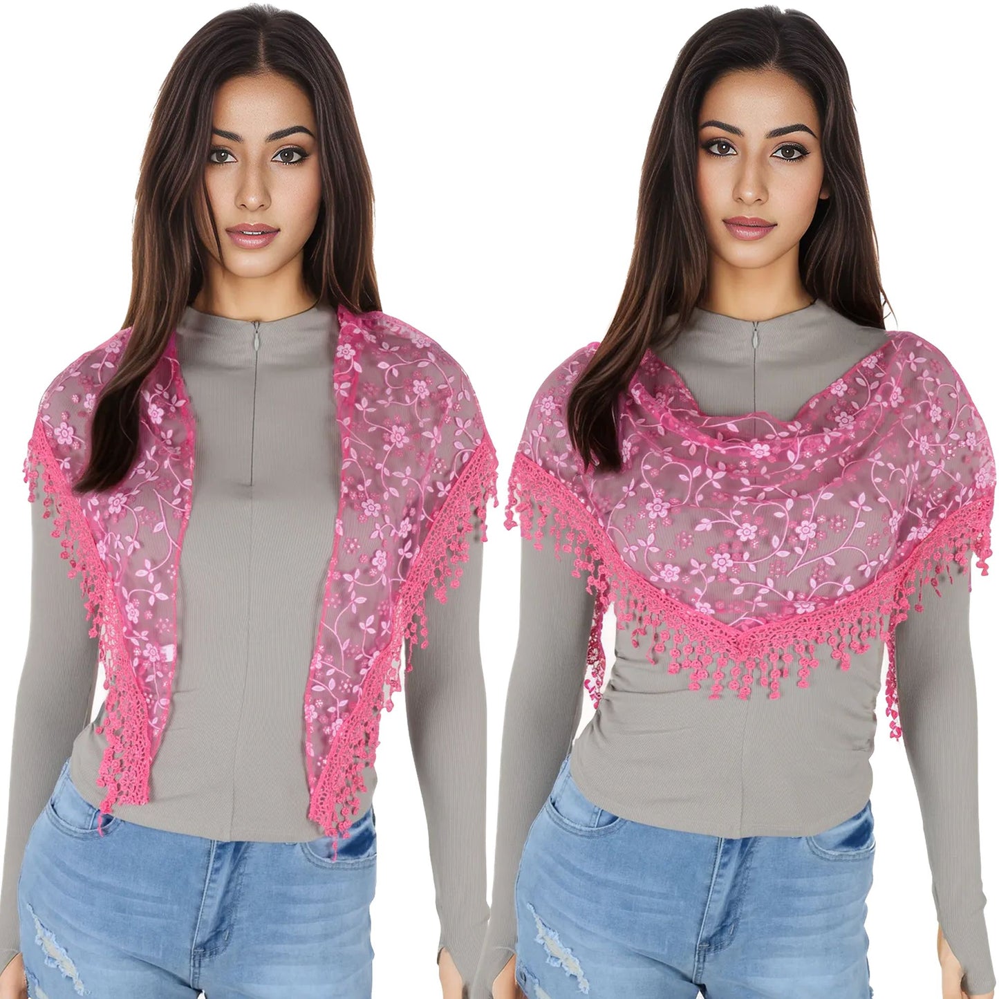 Lightweight Lace Floral Head Scarf Fringe Triangular Shawl