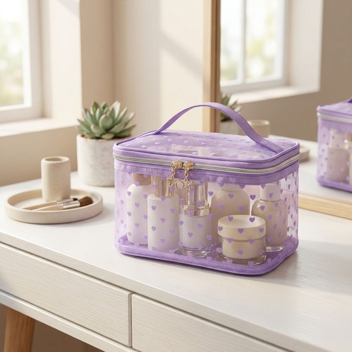 Heart Print Mesh Makeup Bag Large Travel Cosmetic Toiletry Organizer with Handle