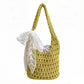Crochet Shoulder Bag with Lace Bow Detail Knit Bucket Handbag Drawstring Lined Casual Everyday Tote