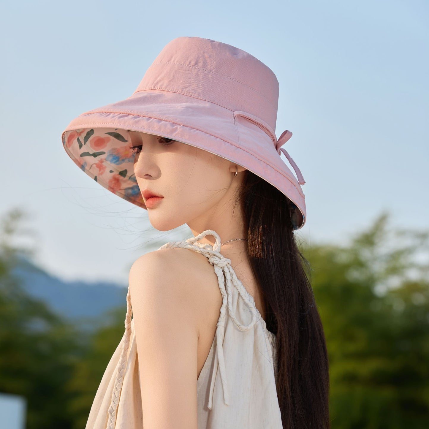 Women's Reversible Floral & Solid Bucket Sun Hat with Chin Strap