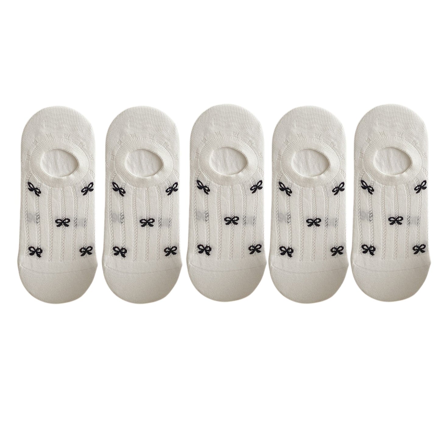 5 Pairs Bow Pattern Low Cut No Show Socks Breathable Mesh Knit Anti-Slip Design Multiple Color Options
