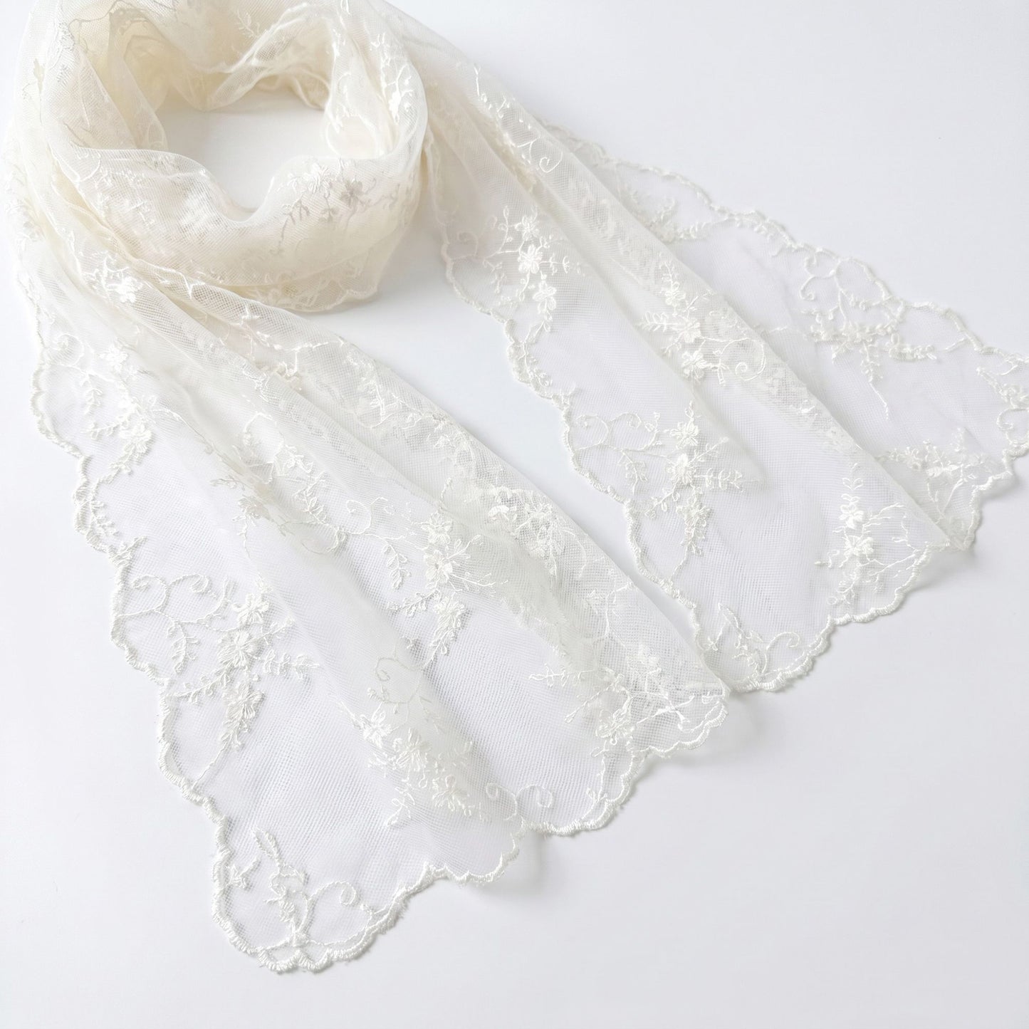 Sheer Embroidered Skinny Scarf with Floral Lace Trim and Long Neck Tie Design