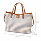 Striped Canvas Tote Bag with Faux Leather Trim and Large Capacity