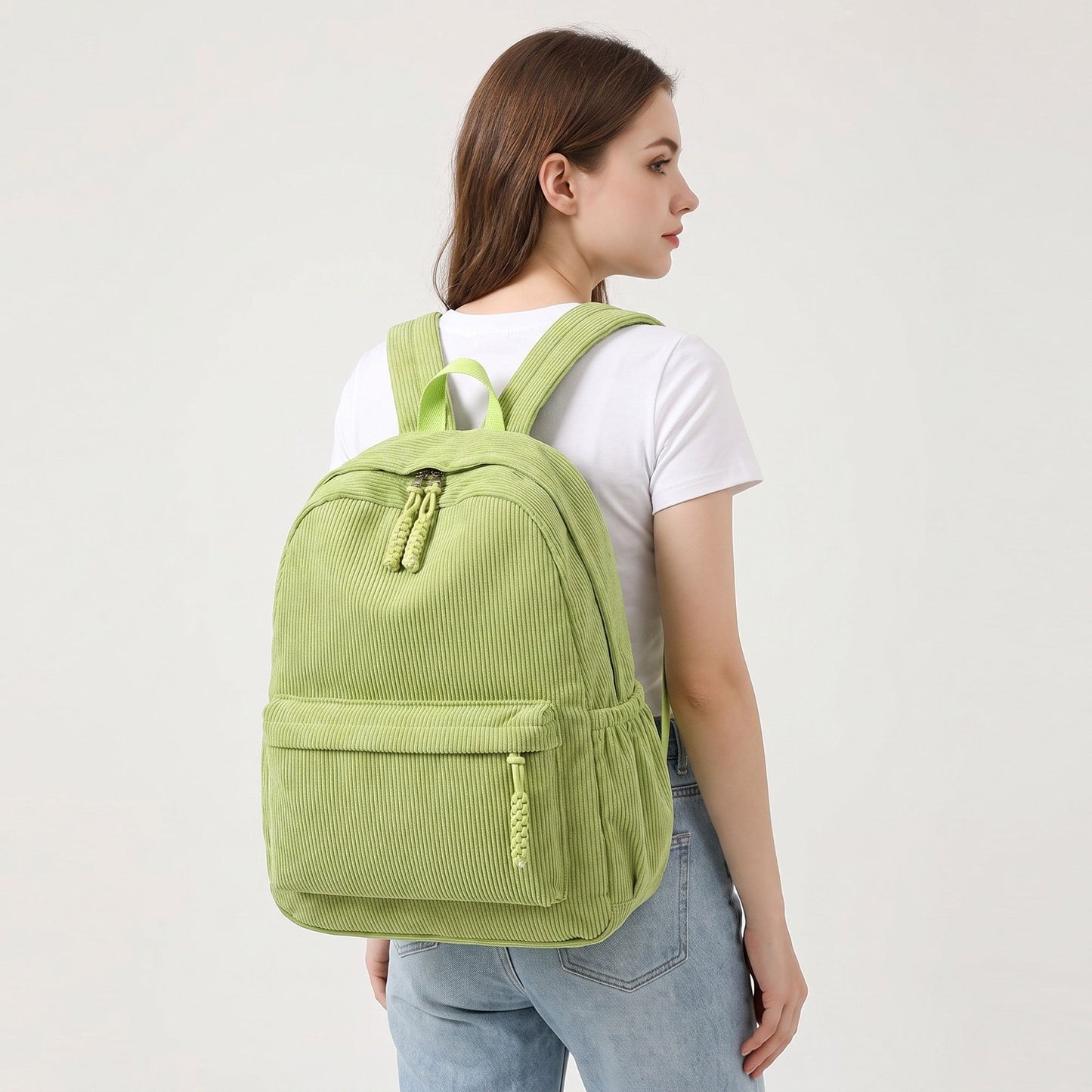 Corduroy Backpack with Front Zip Pocket Adjustable Straps and Spacious Everyday Storage