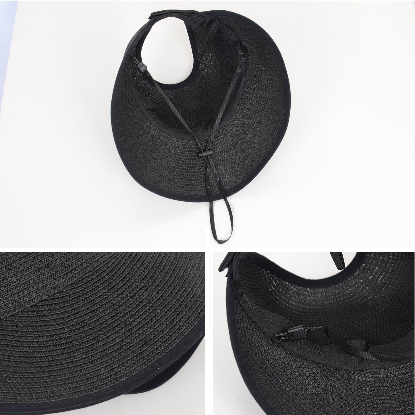 Roll Up Wide Brim Visor Sun Hat with Ponytail Hole and UV Protection Lightweight Packable Foldable Summer Cap
